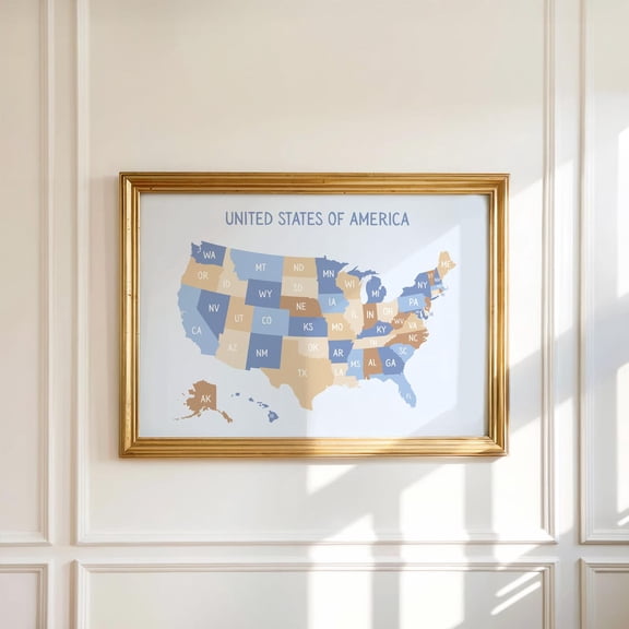 Blue And Tan Usa Map Print, Blue Usa Map , Neutral Baby Nursery Art, Usa Map Nursery Poster, Nursery Wall Art, Blue Nursery Art Home Decor #692, Unframed Poster Size 24x36
