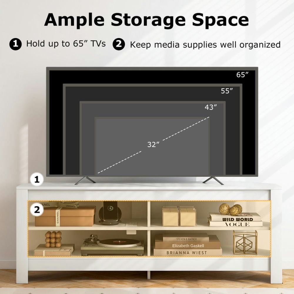 Finihen TV Stand, Entertainment Center, Corner TV Stand with Power Outlet and 4 Open Storage Shelves, for Living Room, White Finihen TV Stand, Entertainment Center, Corner TV Stand with Power Outlet and 4 Open Storage Shelves, for Living Room, White