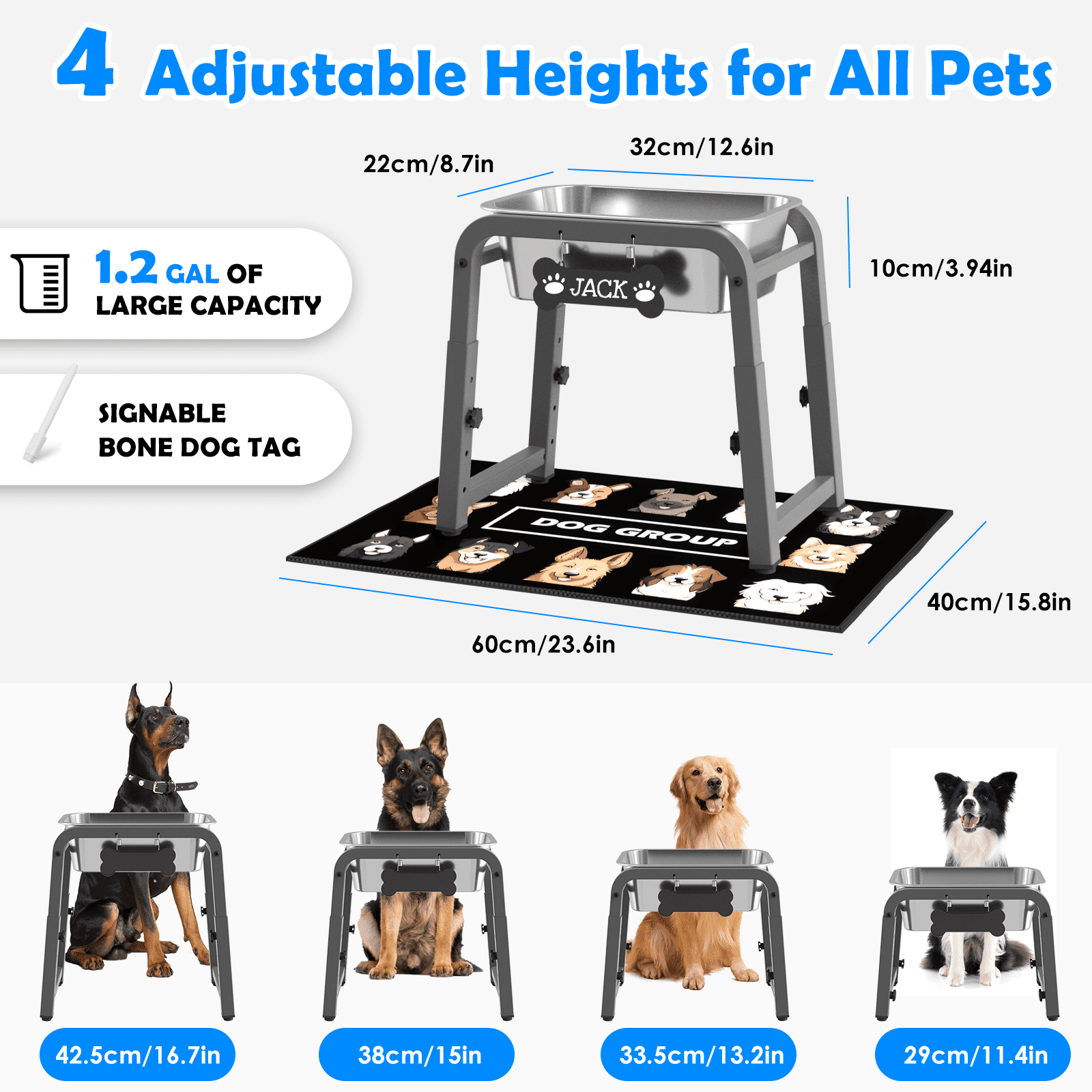 1.2 Gallon Elevated Dog Water Bowls for Large Dogs, 4 Adjustable Heights, Raised Dog Water Stand with Mat