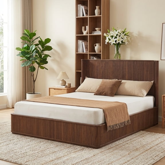 Queen Platform Bed Frame with 44" Tall Fluted Walnut Wood Headboard, Modern Minimalist Wooden Slat Support, No Box Spring Needed