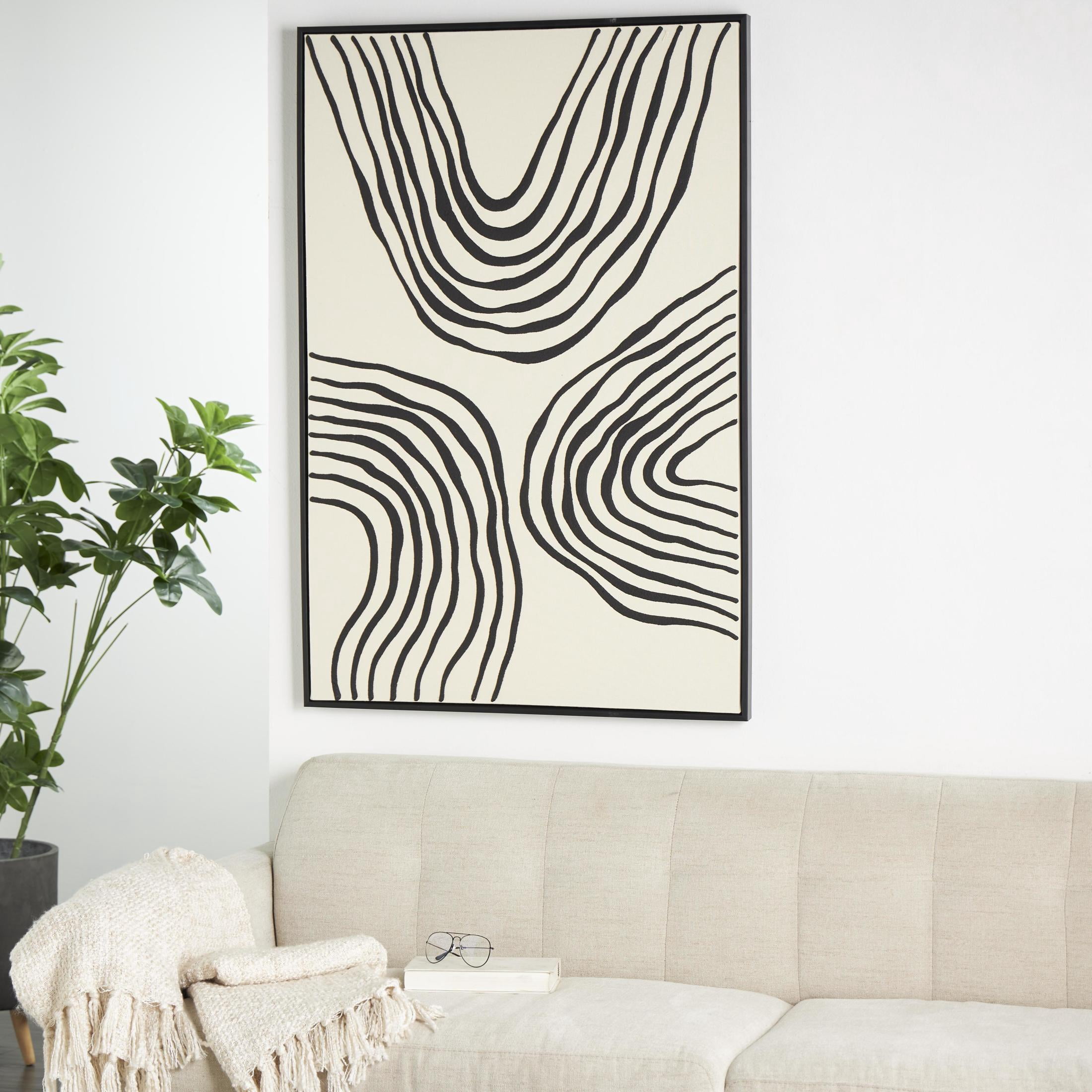 33" x 49" Wavy Line Abstract Framed Wall Art with Black Wooden Frame, by DecMode
