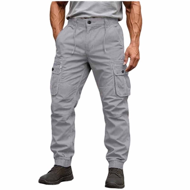StSilkitty Hiking Cargo Pants for Mens Solid Color Elastic Waist Drawstring Sweatpants with Pockets Workout Tapered Joggers