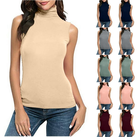 Elainilye Fashion Shirts for Women Compression Shirts Casual Solid Color Sleeveless Turtleneck Underscrubs Shirt Blouse Tops,Red