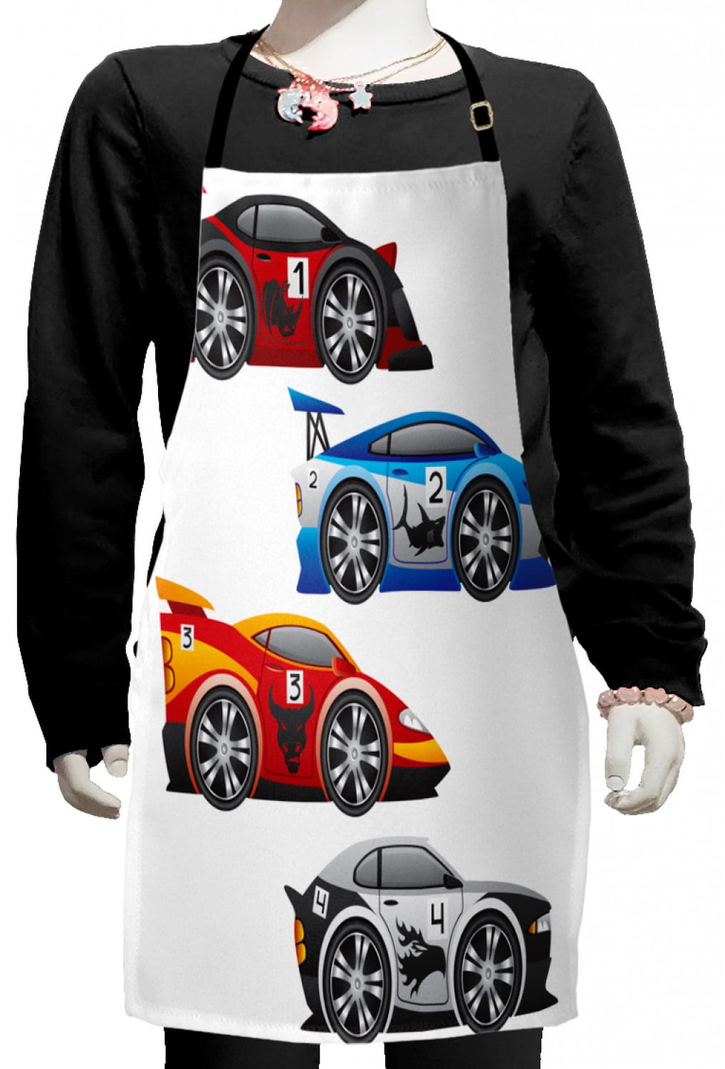 Cars Kids Apron, Group of Formula Race Cars Modern Mechanical Technology Automotive Championship