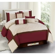 7-Pc Quilted Diamond Square Patchwork Modern Comforter Set Burgundy Brown Beige Queen