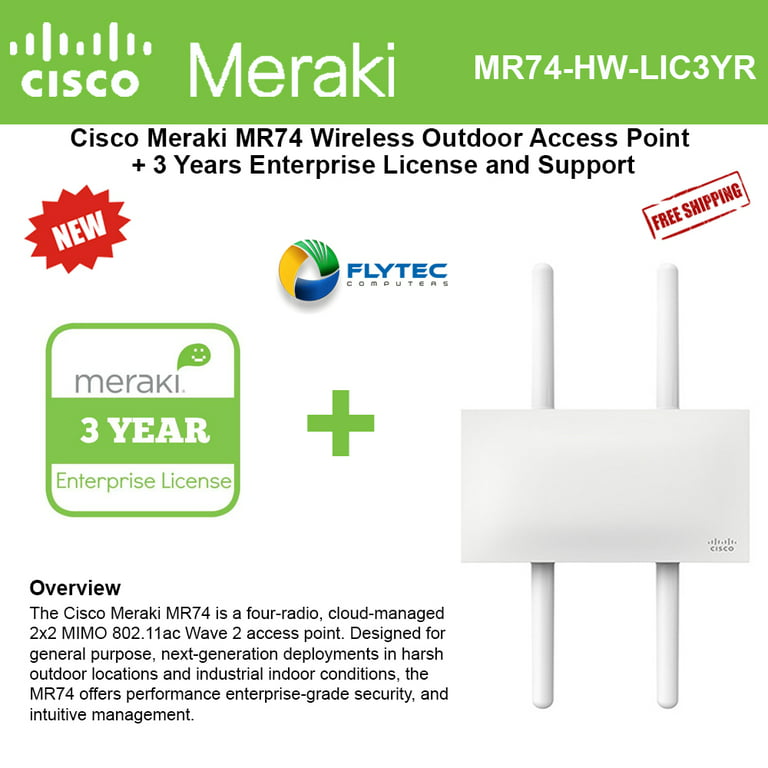 Cisco Meraki MR74 Wireless Outdoor Access Point + 3yr Ent. License