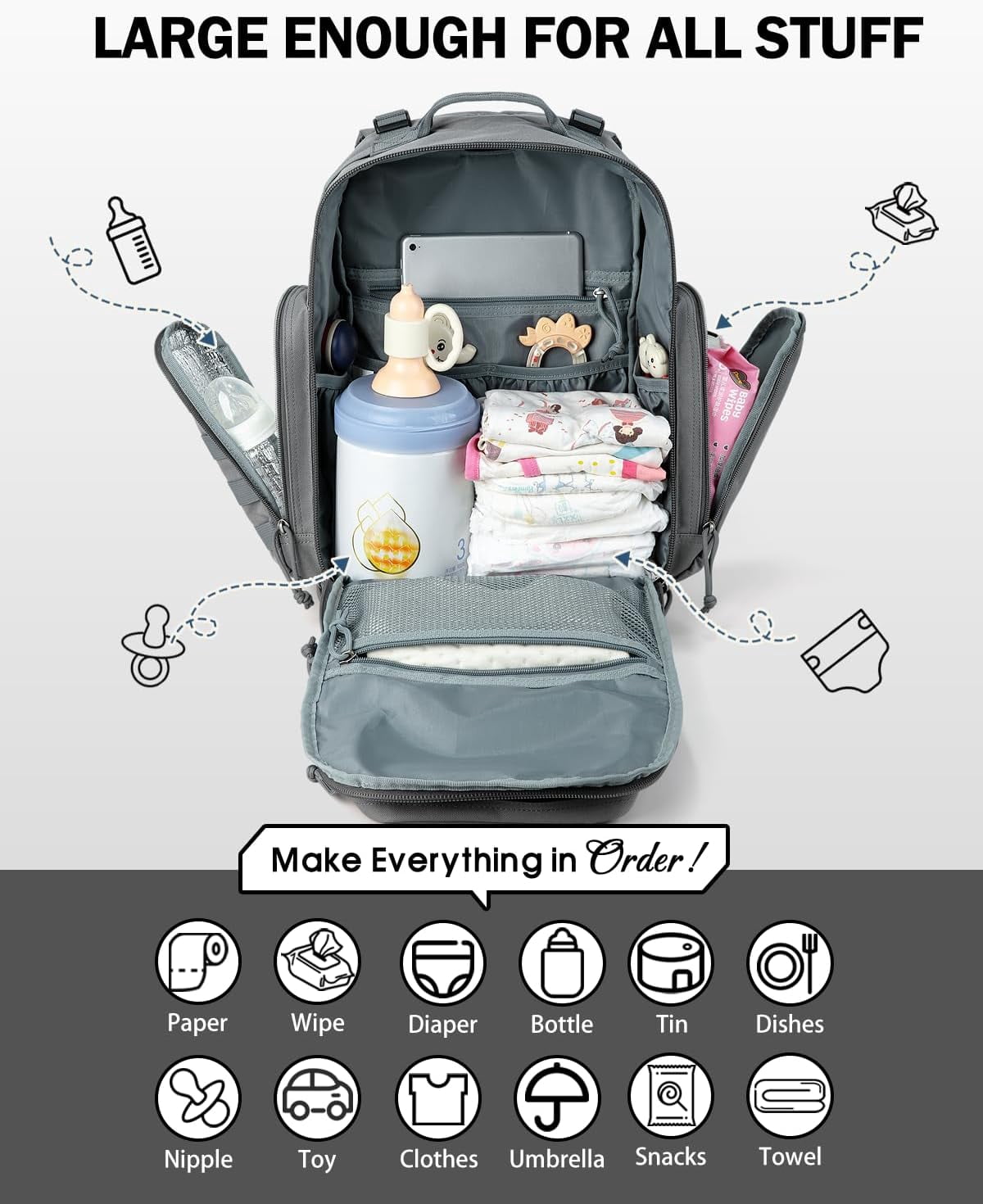 MIRACOL Diaper Bag Backpack for Men: 40L Heavy-Duty Tactical Style Dad Baby Bag with 16+ Pockets - MOLLE Webbing and Organized Storage for Travel & Weekend Adventures (Grey)