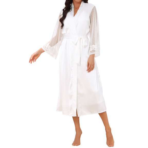 INSPIRE CHIC Women's Satin & Chiffon Robe Long Sleeve Semi-Sheer Wrap Bathrobe with Belt for Bridal & Loungewear S White