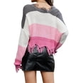thumbnail image 5 of Xuanfei Women Striped Colorblock Deep V Neck Long Sleeve Fringed Ripped Crop Sweater, 5 of 7