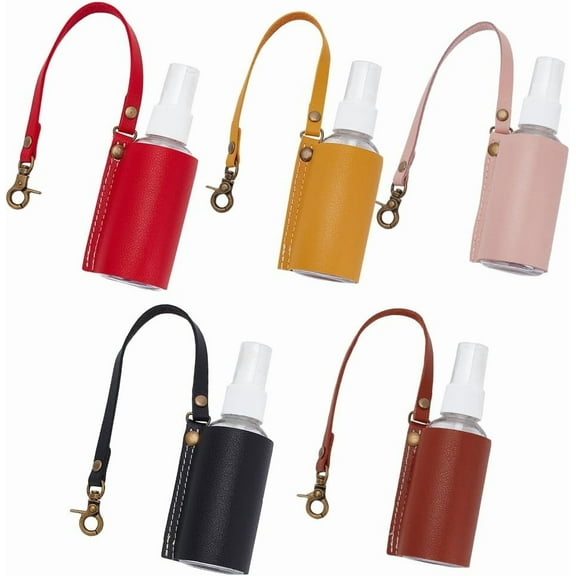 5 Colors PU Leather Hand Sanitizer Keychain 13.1 Inch Portable Travel Squeeze Bottle Holder Mini Hand Sanitizer Holder Keychain Set with PU Leather Cover (2 oz/ 60 ml) Blue