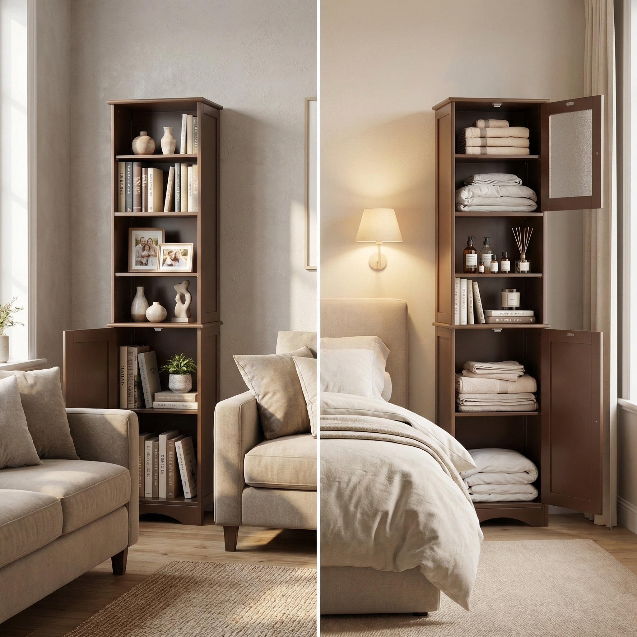 Lofka 67”H Tall Bathroom Storage Cabinet with Adjustable Shelves, Narrow Tall Linen Tower  with Two-Way Doors, Dark Brown