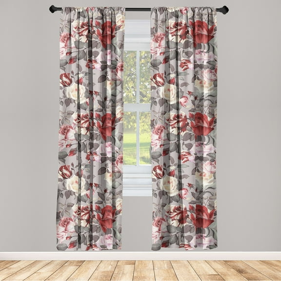 Springtime Window Curtains, Neutral Colors Romantic Vintage Floral Design Rose Nostalgic Look, Lightweight Decor 2-Panel Set with Rod Pocket, Pair of - 28"x63", Pale Mauve and Dark Pink, by Ambesonne