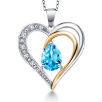 925 Sterling Silver and 10K Yellow Gold Swiss Blue Topaz and White Lab Grown Diamond Heart Shape Pendant Necklace for Women By Keren Hanan (1.34 Cttw, Pear Shaped 8X6MM, with 18 inch Chain)