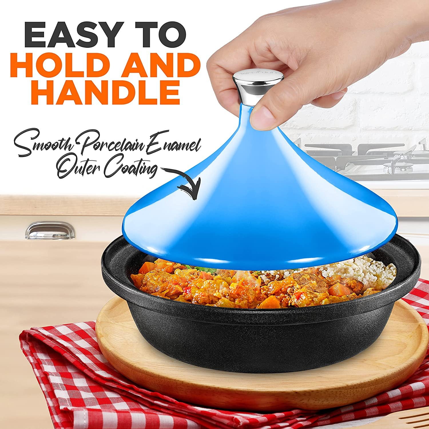NutriChef Cast Iron Moroccan Tagine - 2.75 Quart Tajine Cooking Pot with Stainless Steel Knob, Enameled Base, Cone-Shaped Enameled Lid, Blue