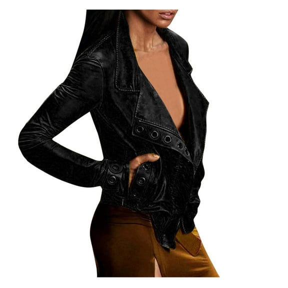 KIHOUT Jackets for Women Women Plus Size Jacket Coat Lady Faux Leather Jacket Lady Long Sleeve Short Coat