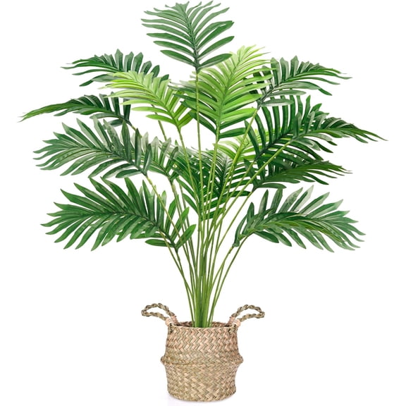 Fake Palm Tree 28Inch Faux Plant Potted Tall Fake Plant with Hand-Woven Baskets Artificial Tree for Indoor Outdoor Home Office Bedroom Porch Balcony Decor