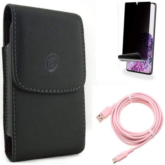 Privacy Screen Protector w Case Belt Clip w 10ft Long USB-C Cable for Samsung Galaxy S20 Plus - TPU Film [NOT GLASS] [Fingerprint Works], Leather Holster Cover, Pink Charger Cord fits Galaxy S20 Plus