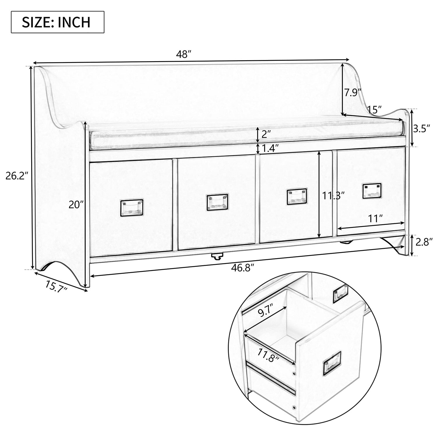 Kadyn Movable Cushion Storage Bench, MDF Storage Bench with Drawers and Backrest, Modern Entryway Shoe Bench for Entryway, Gray Wash Kadyn Movable Cushion Storage Bench, MDF Storage Bench with Drawers and Backrest, Modern Entryway Shoe Bench for Entryway, Gray Wash