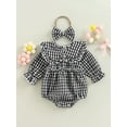 thumbnail image 3 of Musuos 2Pcs Baby Girl Fall Outfit, 3M 6M 12M 18M Plaid Doll Collar Long Sleeve Ruffle Romper + Hairband Set for Infants, 3 of 10