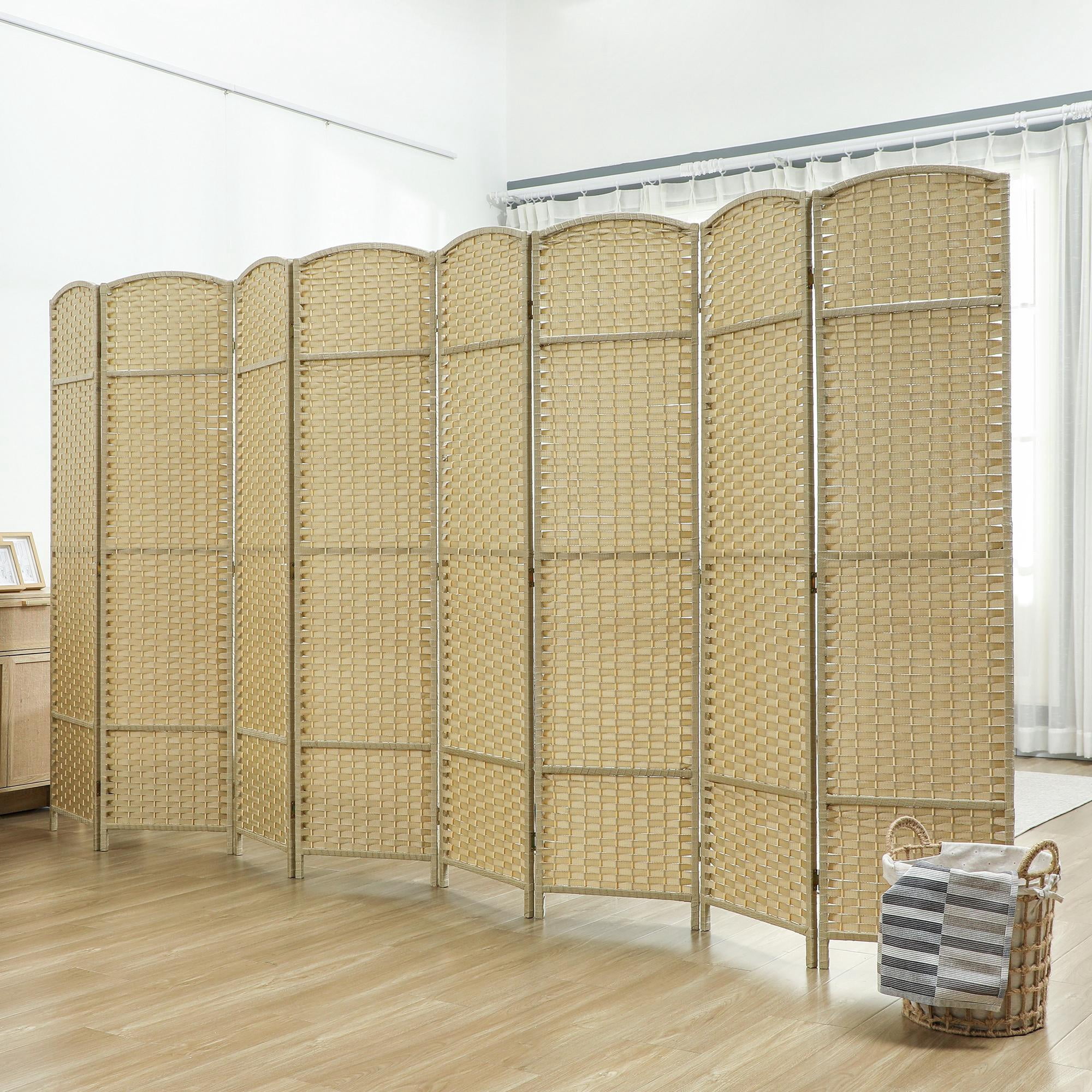 8 Panel Folding Room Divider 5.6' (66.9") Tall Privacy Screen, Freestanding Polypropylene Woven Partition with Pine Wood Frame for Home Office, Beige
