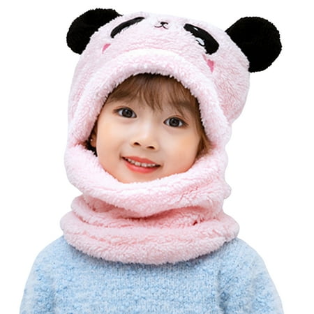 

Kids Winter Hat Scarf Coral Fleece Thicken Cartoon Animal Panda One-Piece Keep Warm Unisex Cold-proof Baby Bonnet Scarf for Outdoor Pink