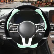 Furry Cute Round Steering Wheel Cover, Soft Fluffy Short Plush Auto Accessories, Non-Slip Cold-Proof Sweat-Proof Colorfast, Universal 15 Inch, Black with Green