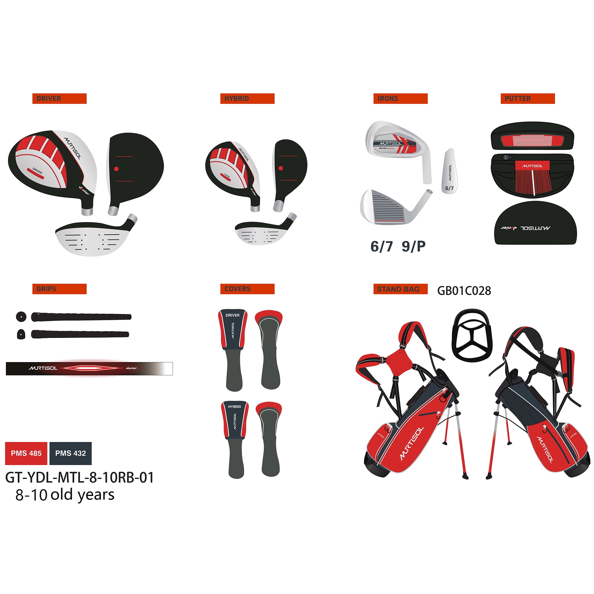 Segmart Golf Junior Golf Clubs Set, Kids Right-Hand Golf Club Sets for 9-12, Outdoor Complete Golf Club Sets with Stand & Bag, Red