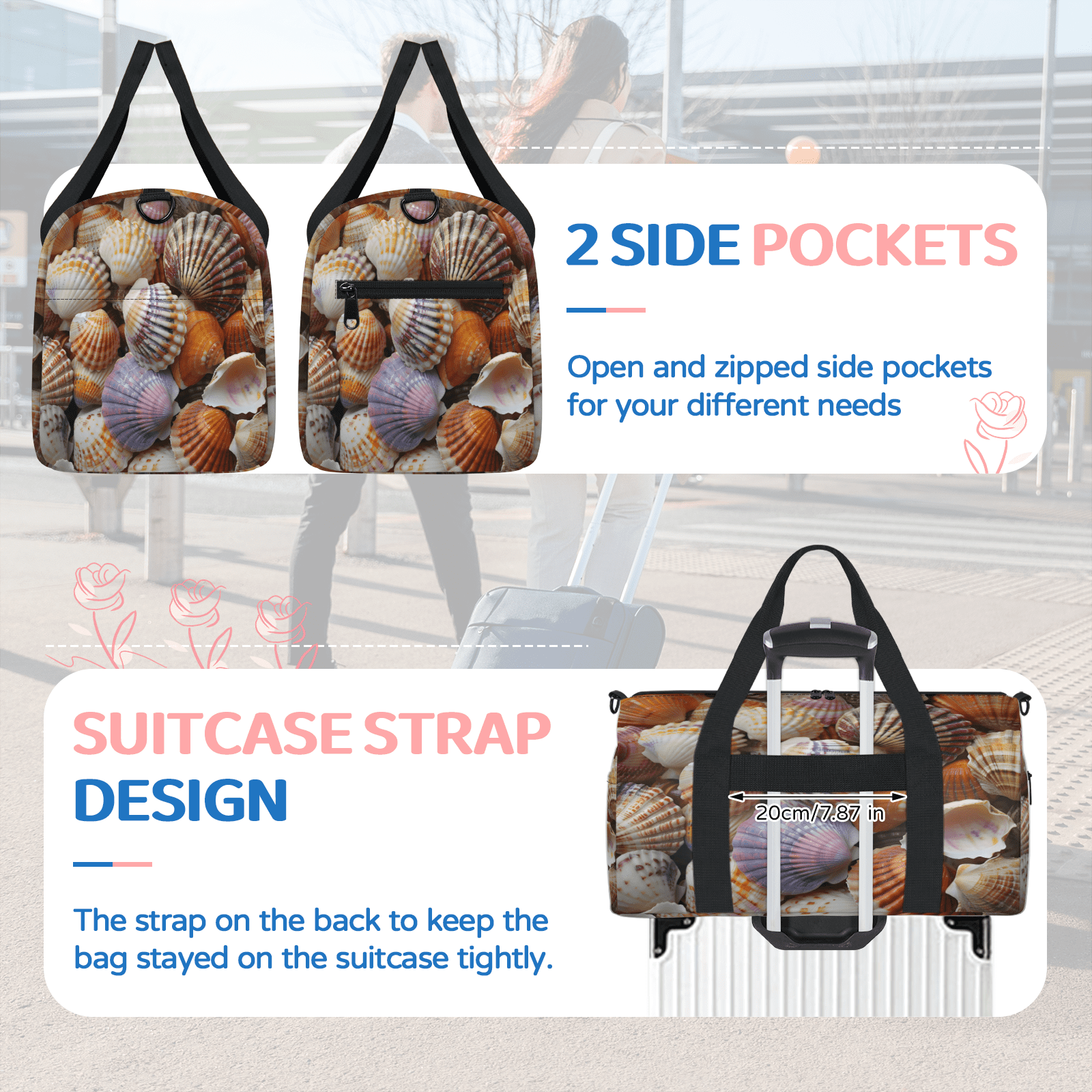 Herdesigns Seashells Beach Themed Gym Bag for Women, Duffle Bag for Travel Sport, Lightweight Waterproof Carry on Weekender Overnight Dance Yoga Workout Bags