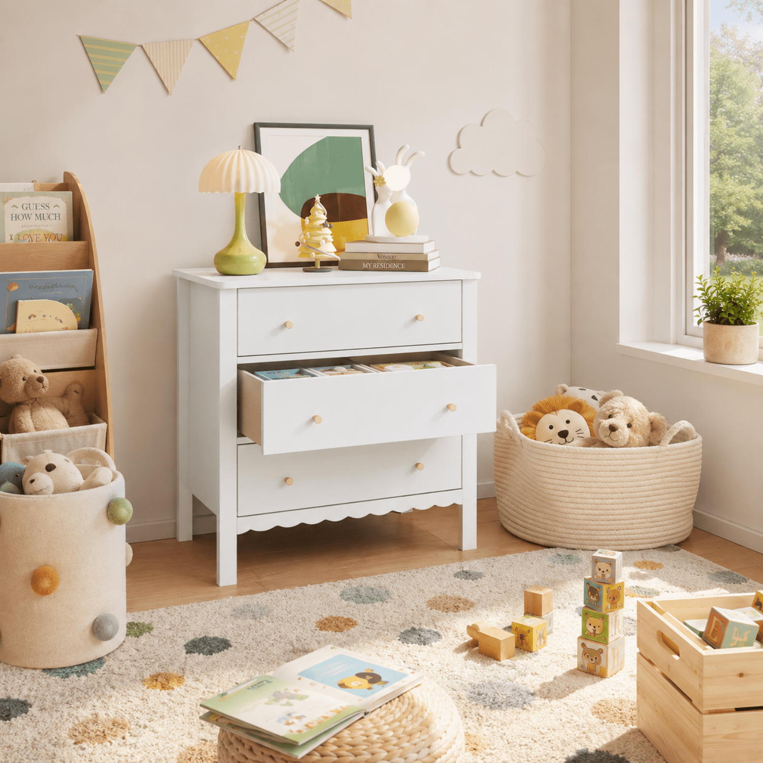 Miniyam Kids 3 Drawer Dresser, White MDF Storage Chest with Gold Knobs for Kids Bedroom, Playroom and Toy Room