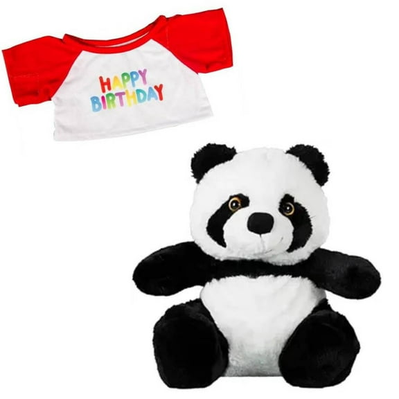 New PanPan the Panda Plush Toy In Happy Birthday T-Shirt with Red Sleeves - 8 Inch Panda Stuffed Animal, Cute & Soft Cuddly Birthday Teddy Bear, Gift for Kids, Birthday Decor, Party Favor
