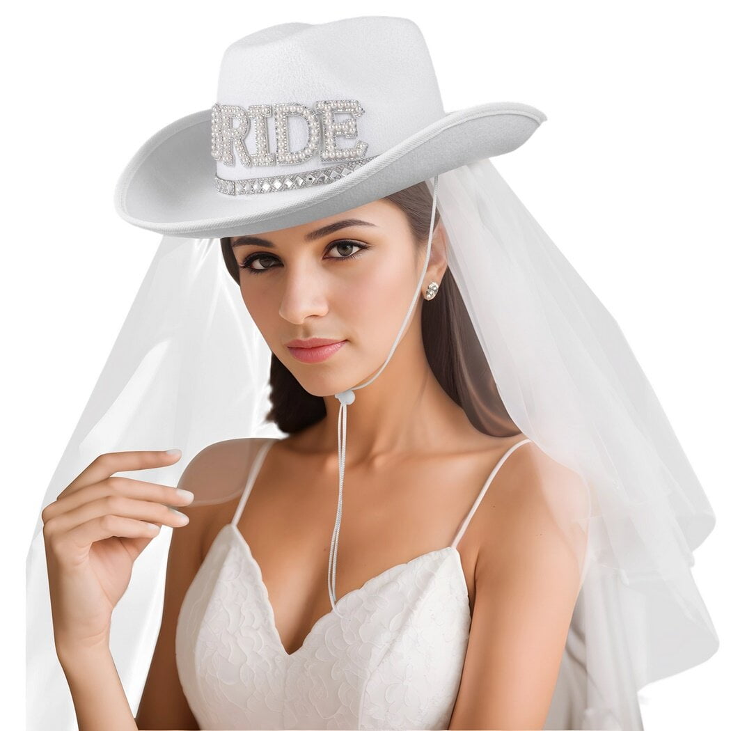 Bride Cowgirl Hat with Veil, Chic Rhinestone Pearl White Cowgirl