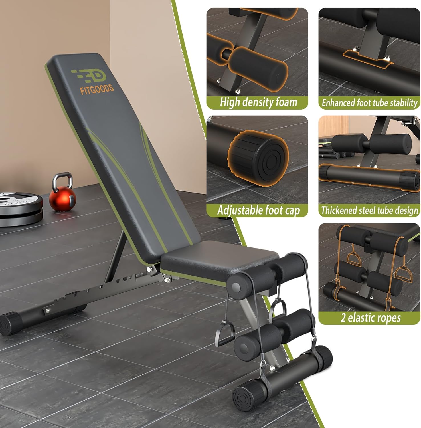 Adjustable Weight  for Home Gym, Foldable 700LBS Workout  with 9 Backrests, Multi-Purpose  Press for Incline Decline Flat with Fast Adjustment (2 resistance bands)