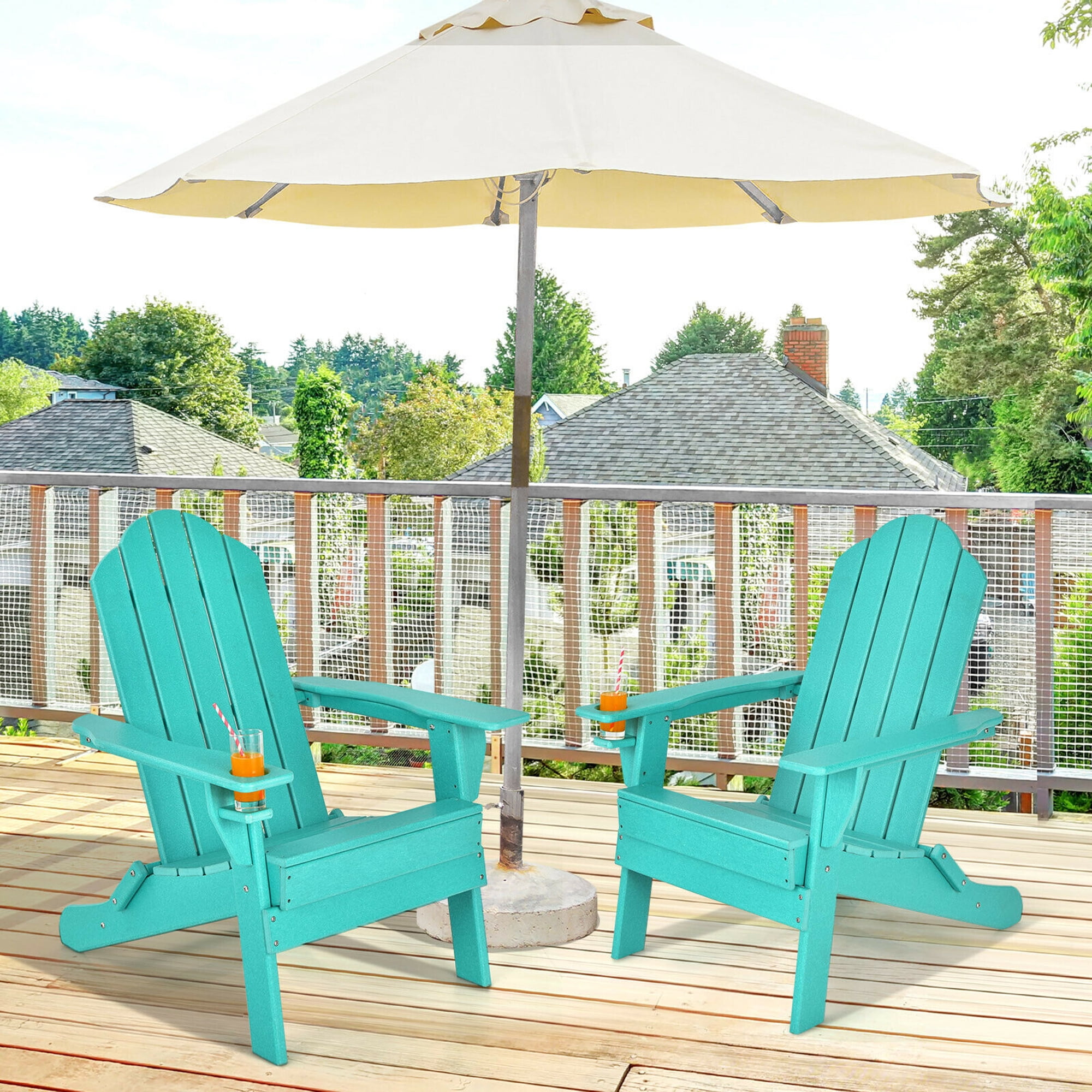 Gymax 2PCS Patio Folding Adirondack Chair Weather Resistant Cup Holder Yard Turquoise