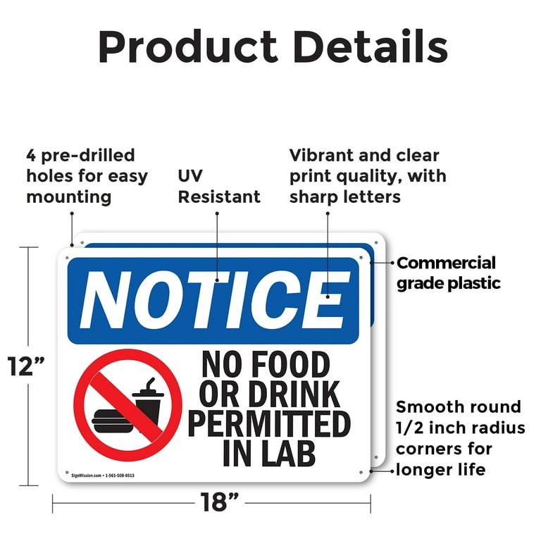 2 Pack) No Food Or Drink Permitted In Lab OSHA Notice Sign 18 Inch
