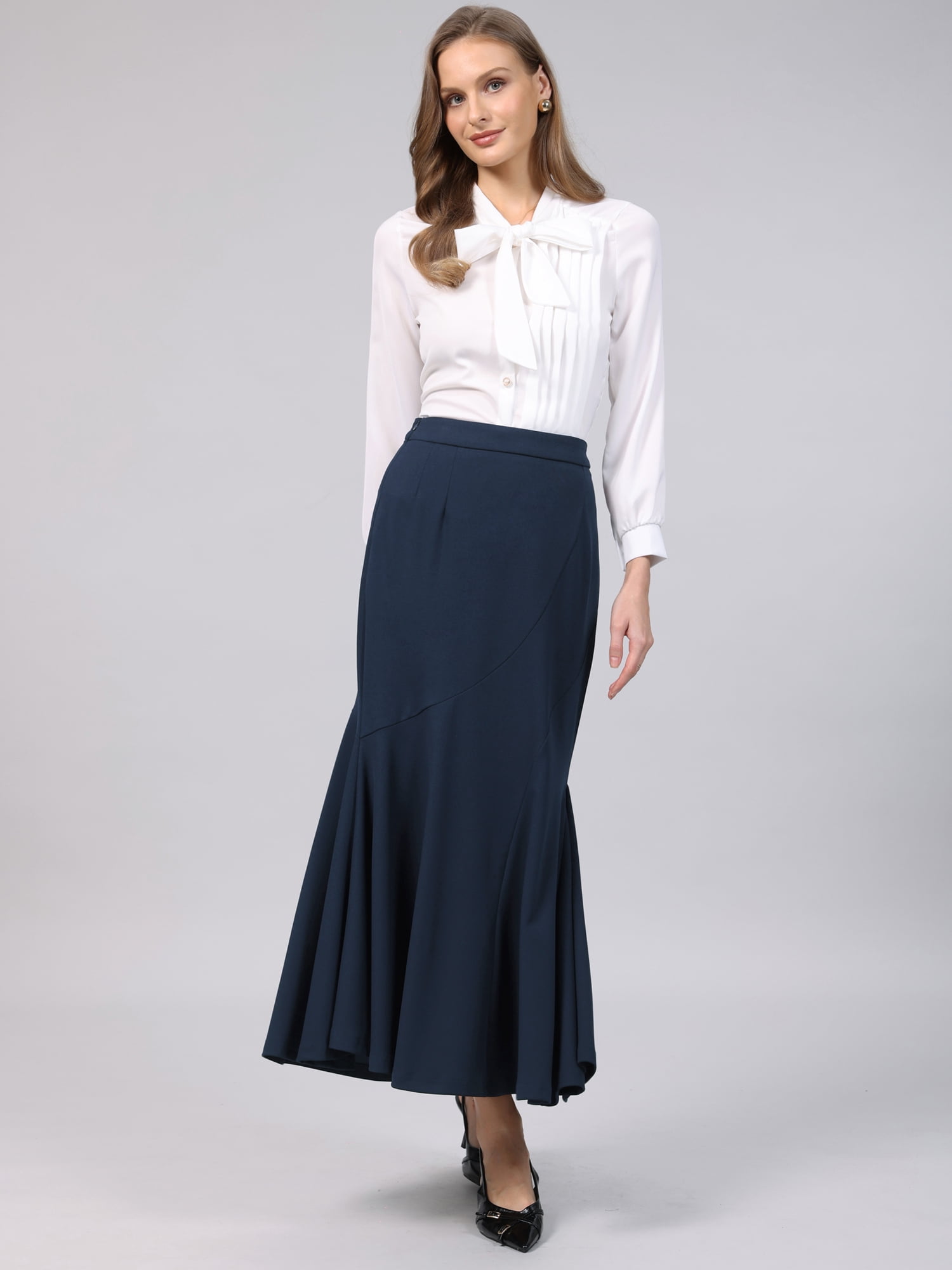 DARING DIVA Women's Fishtail Long Skirt High Work Maxi Mermaid Skirts S Navy Blue