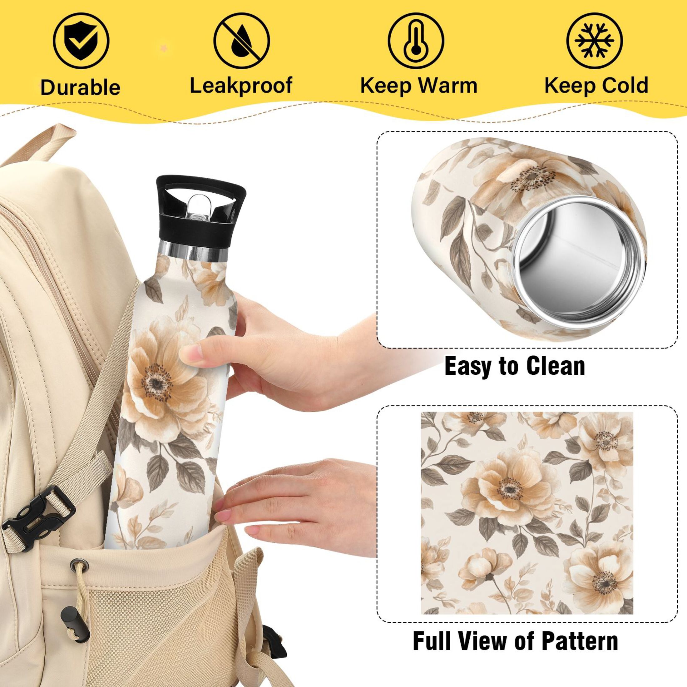 600ML Stainless Steel Insulated Cup Sports Water Bottle Portable Thermos Cup Water Glasses Insulated Tumblers Convenient and Durable Beautiful Silver Flowers