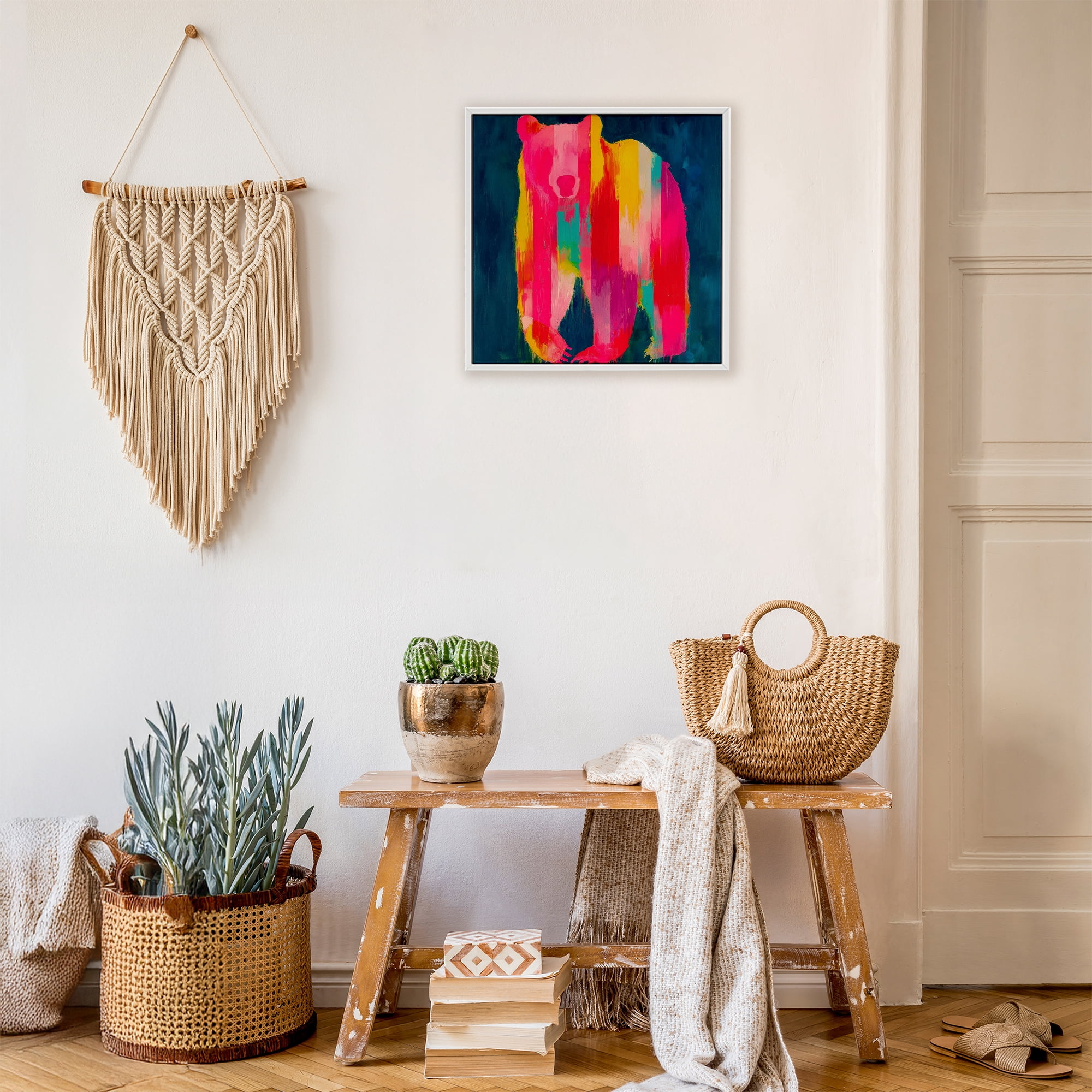 Stupell Industries Pink & Yellow Bear Standing Tall White Framed Giclee Art, design by Chromatic Storm Studio