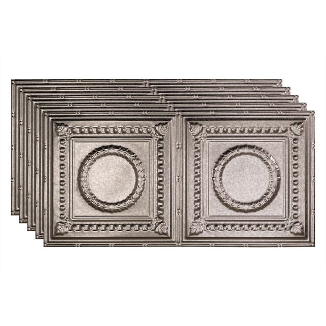 FASÄDE Rosette Decorative Vinyl 2ft x 4ft Glue Up Ceiling Panel in Galvanized Steel (5 Pack)