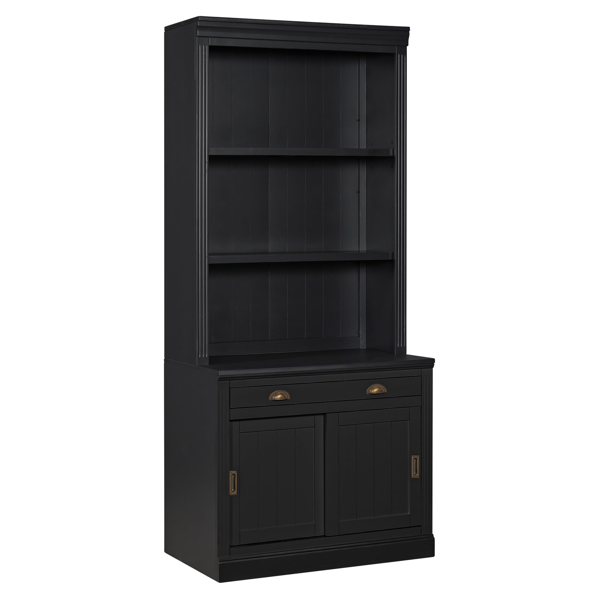 Harper & Bright Designs Tall Wood Bookshelf, Bookcases with Sliding Doors and Drawers, Storage Bookcase with LED Lighting and Open Shelves, Black