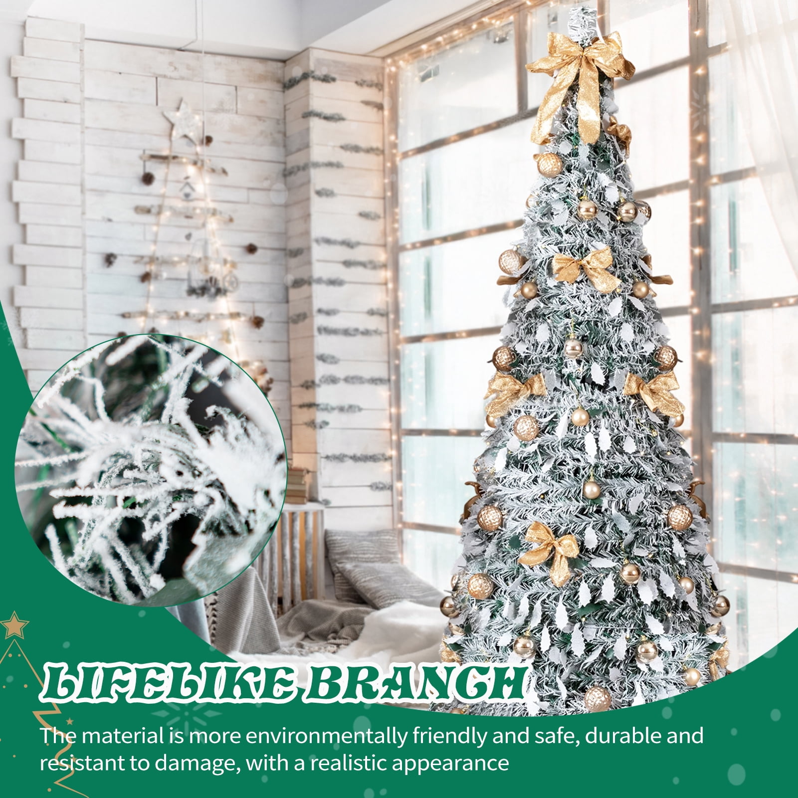 Astoutdoor 7 ft Snow Flocked Pre-lit Artificial Pop Up Christmas Tree with 170 Warm Lights and Ornaments, Snowy Green