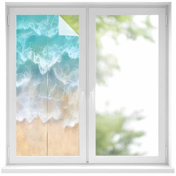 Summer Coastal Window Privacy Film Teal Beach Ocean Wave Decorative Glass Window Film UV Blocking Static Cling Non-Adhesive Sticker Covering for Home Door 17.7 x 39.3 inches