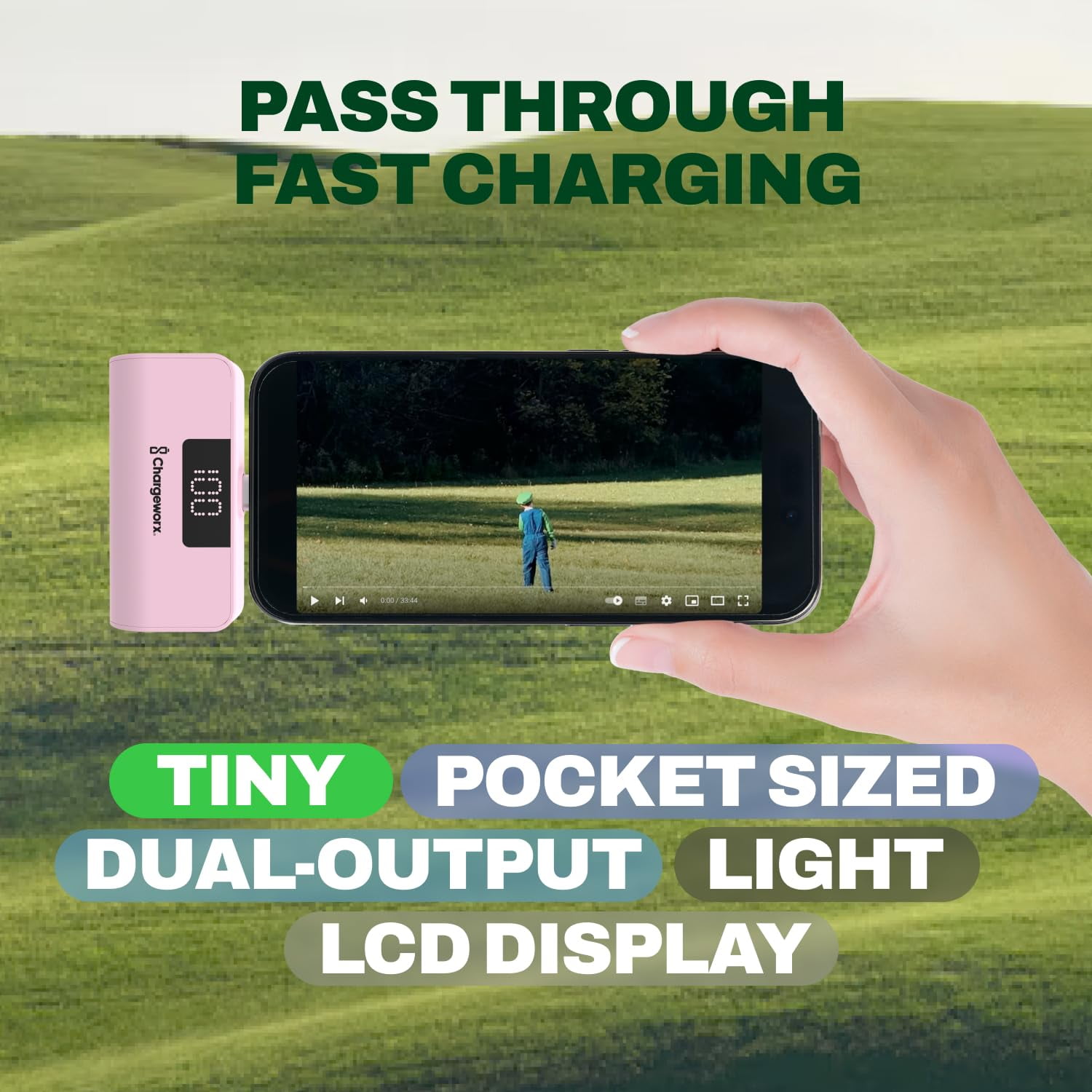 CHARGEWORX Portable Power Bank with LCD Display, Built-in Lightning Connector, Dual Charge Fast Charge Portable Charger 5000mAh, Compatible with iPhone 14, 13, 12 & Older (Pink)