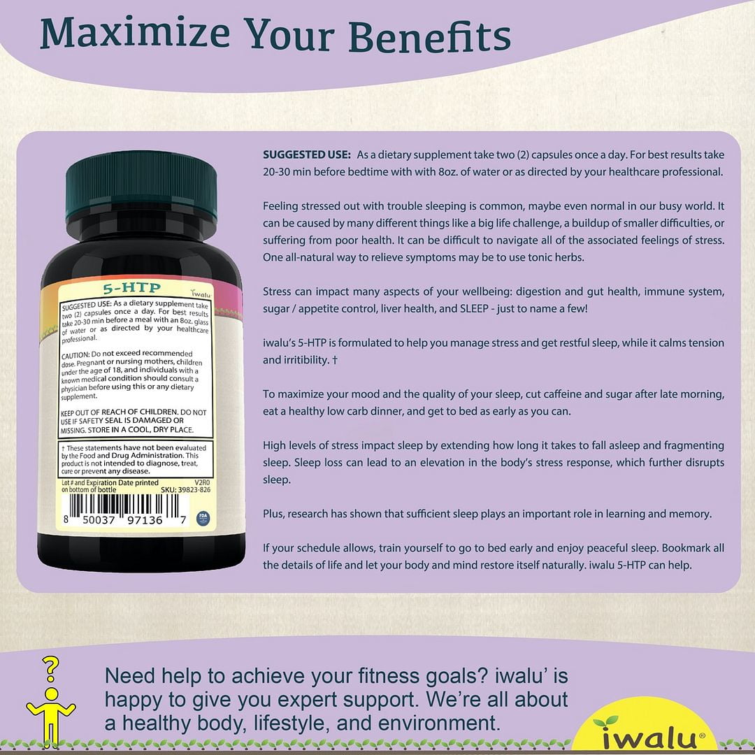 iwalu 5-HTP Supplement | 5-Hydroxytryptophan - Supports Mood, Cognition & Sleep - Fast Acting - 60 Capsules | Non-GMO, NSF Certified and USA Made Dietary Supplement