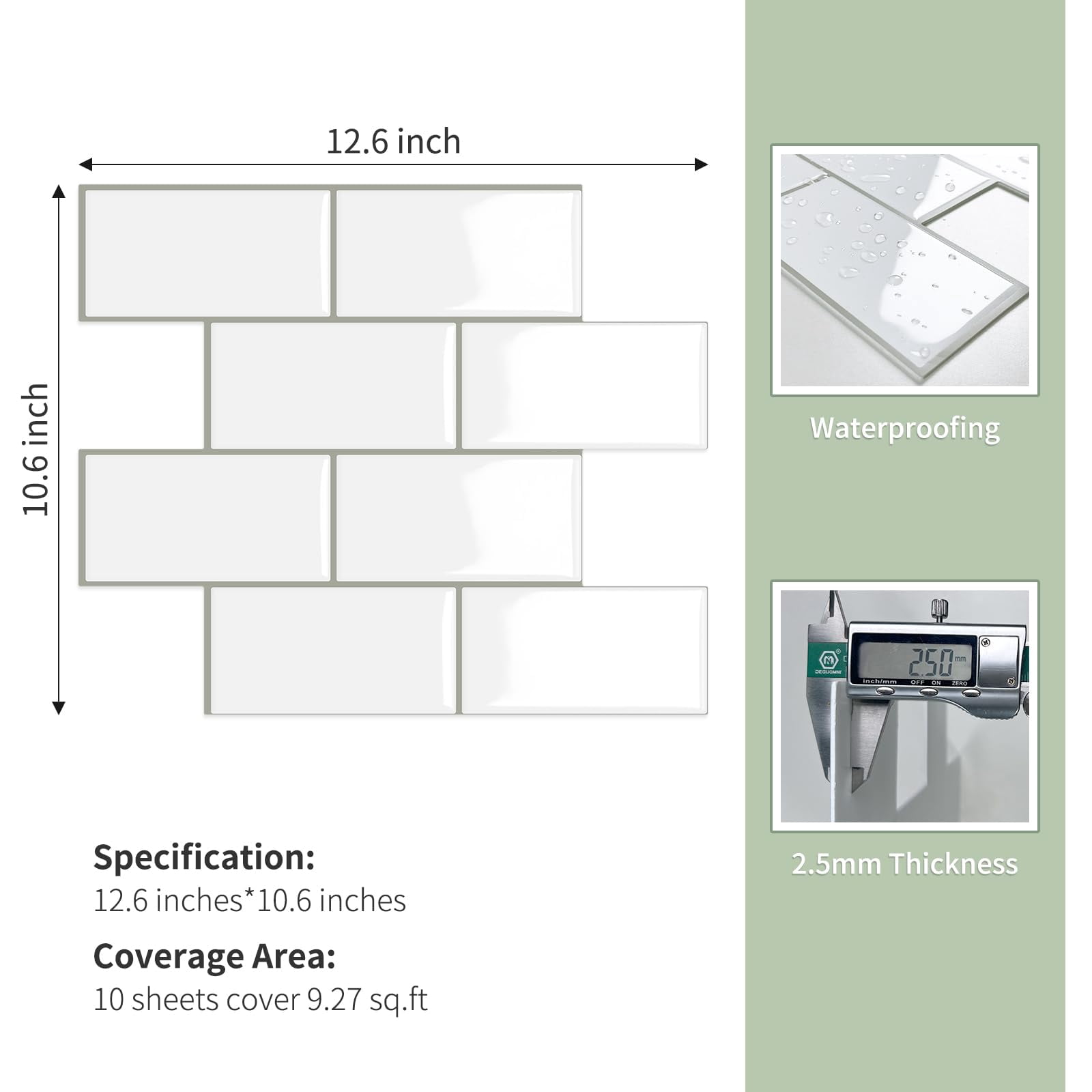 10-sheet Thick Peel And Stick Kitchen Backsplash Tiles 3d Subway Waterproof Self-adhesive Wall Tile On For Bathroom(white 12.6"*10.6")