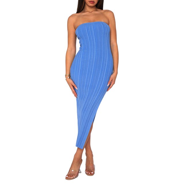 VISgogo Vestido sin hombros para mujer, sin mangas, sin tirantes, de color sólido, con abertura alta, plisado, ajustado, ropa informal de una pieza VISgogo moda