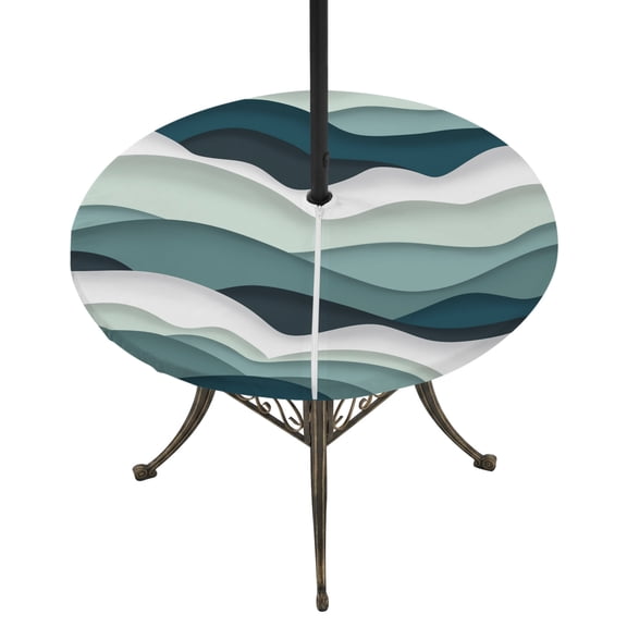 Round Outdoor Tablecloth with Umbrella Hole and Zipper, Dark Green Ombre Fitted Table Cover with Elastic Edge for 55-60 Inch, Modern Geometric Moire Abstract Art Waterproof Patio Tablecoths