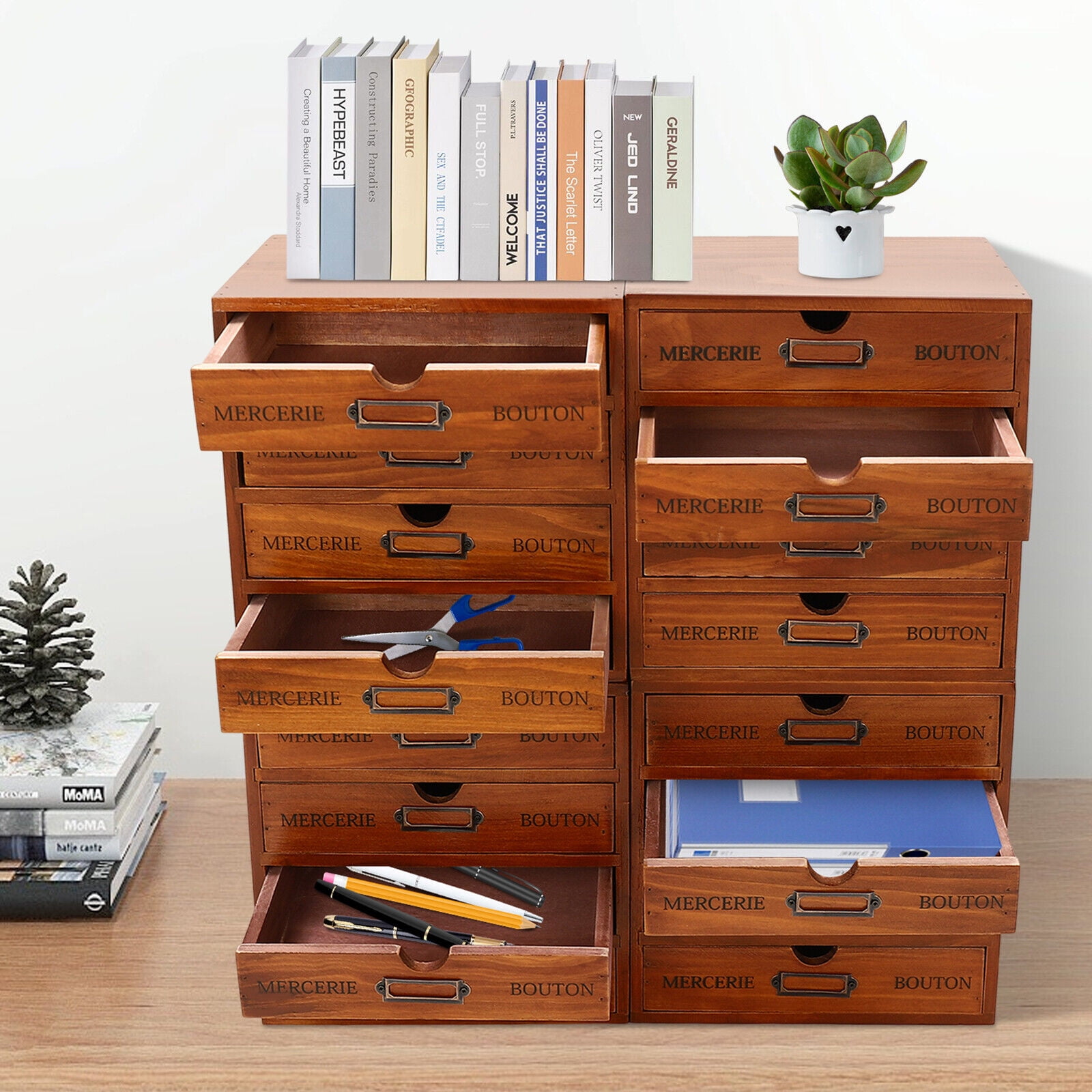 Brown Elegant Wooden File Cabinet with 16 Compartments 4-Slot Large Storage Box Cabinet for restaurants, classrooms