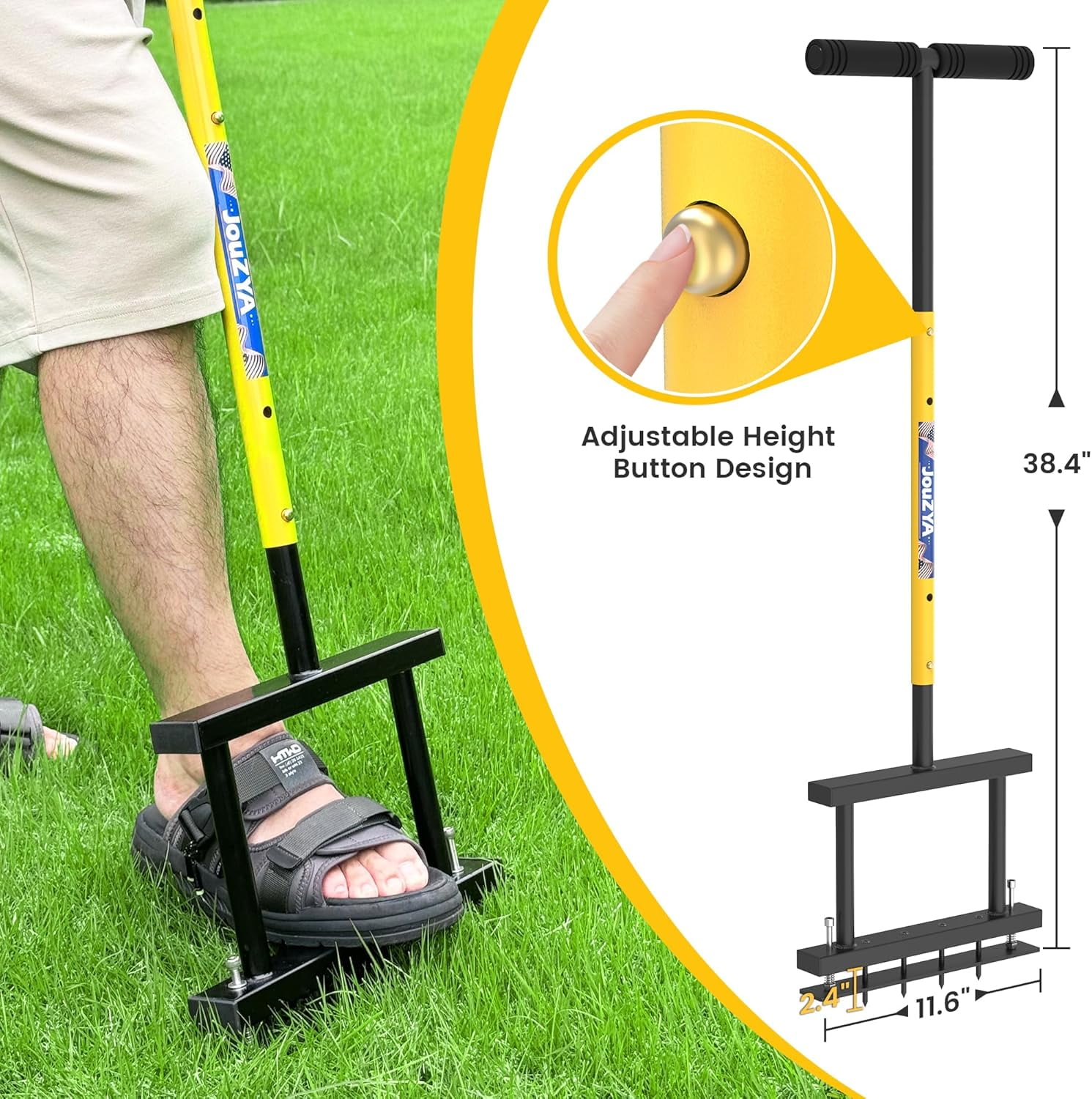 JouZYA 4-Spike Manual Lawn Aerator with Adjustable Height,Spring,38" Yard Garden Tool