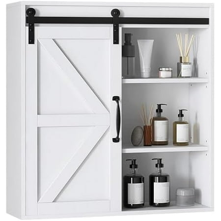 kleankin Medicine Cabinet, Farmhouse Bathroom Wall Cabinet with Sliding Barn Door and Adjustable Shelf, Over The Toilet Cabinet, White