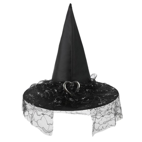 Sombreros de Halloween con hebilla en forma de corazón, sombrero de encaje de bruja, sombrero ancho acorralado para fiesta de festival, sombrero de poliéster para mujer